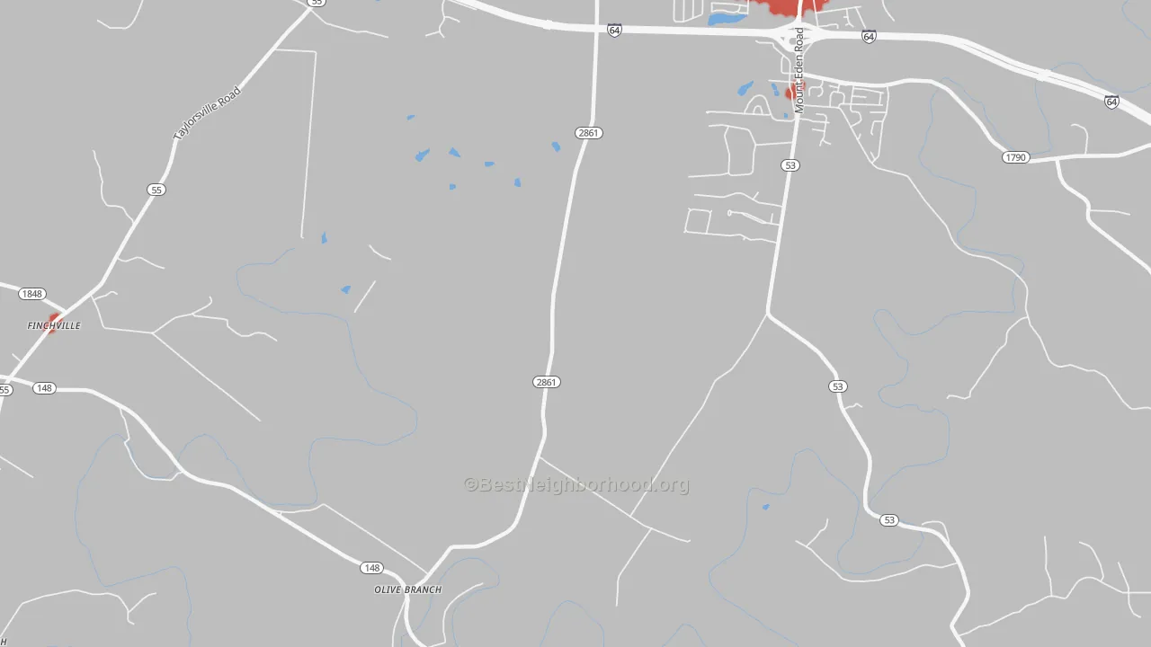 Walk Grade map of Olive Branch, KY, walkable areas in green and car-dependent areas in red