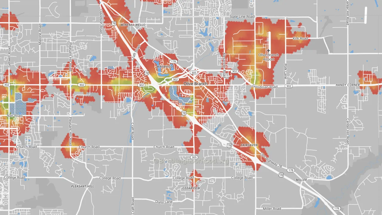 Walk Grade map of Olive Branch, MS, walkable areas in green and car-dependent areas in red