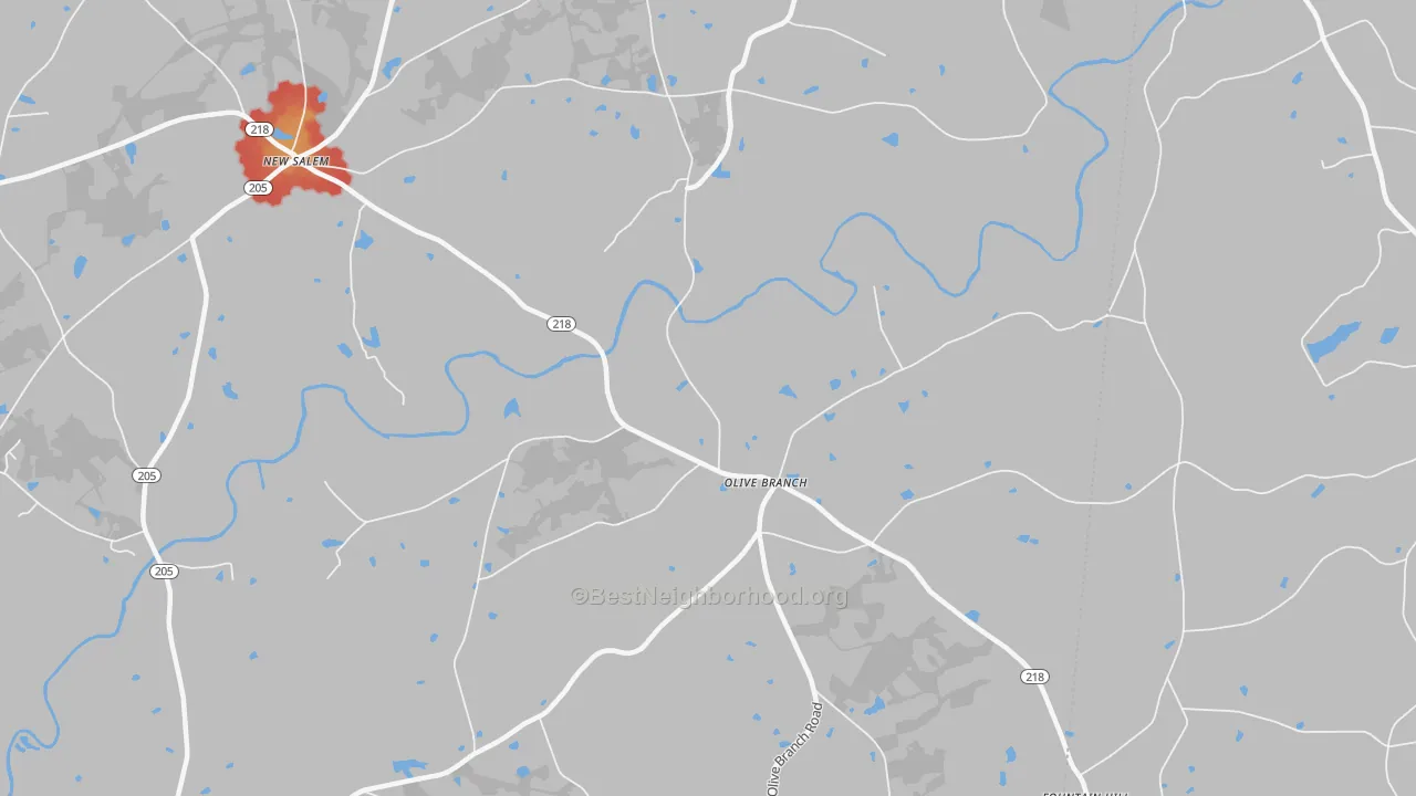 Walk Grade map of Olive Branch, NC, walkable areas in green and car-dependent areas in red
