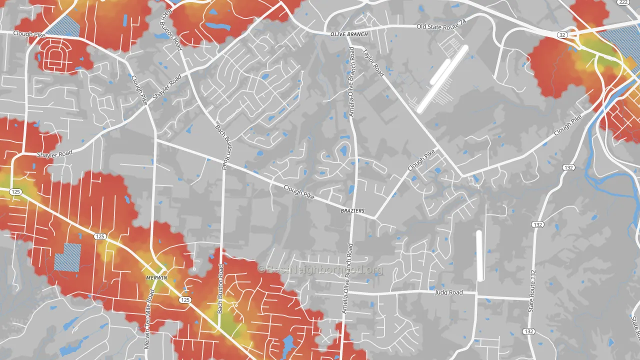 Walk Grade map of Olive Branch, OH, walkable areas in green and car-dependent areas in red