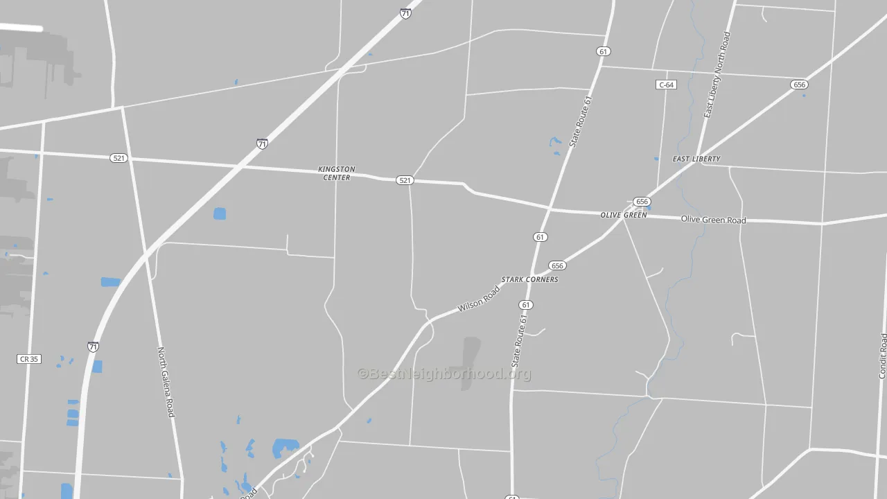Walk Grade map of Olive Green, OH, walkable areas in green and car-dependent areas in red