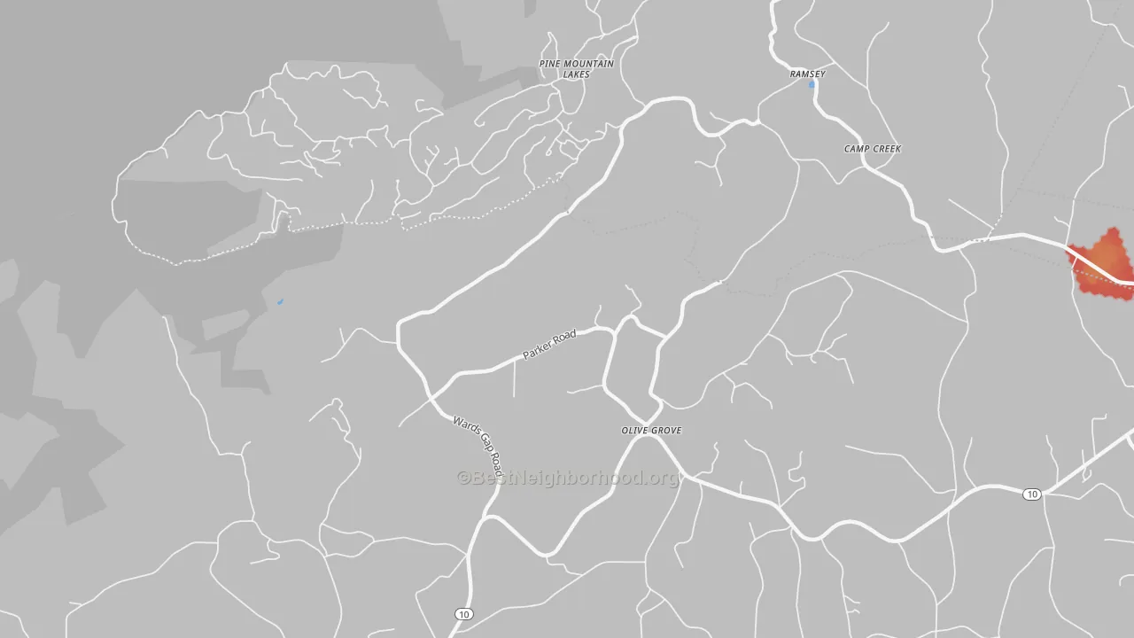 Walk Grade map of Olive Grove, NC, walkable areas in green and car-dependent areas in red