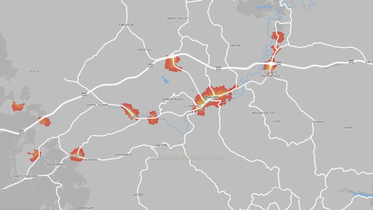Walk Grade map of Olive Hill, KY, walkable areas in green and car-dependent areas in red