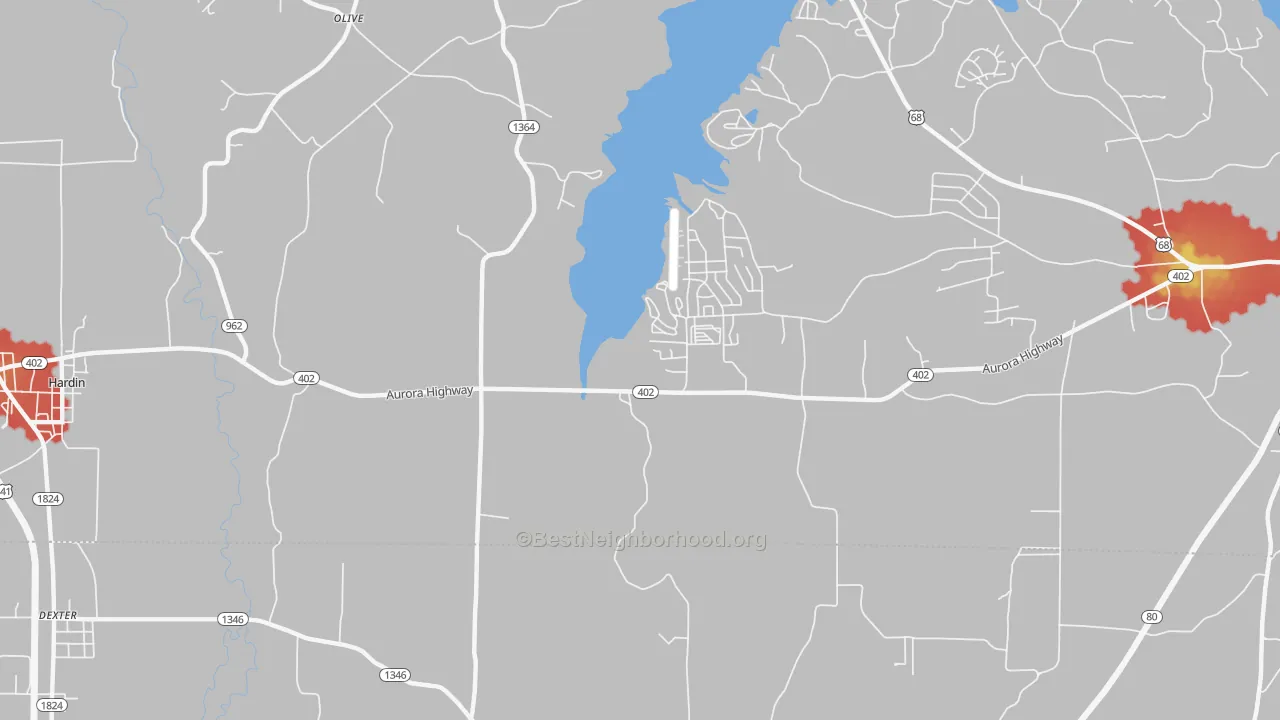Walk Grade map of Olive, KY, walkable areas in green and car-dependent areas in red
