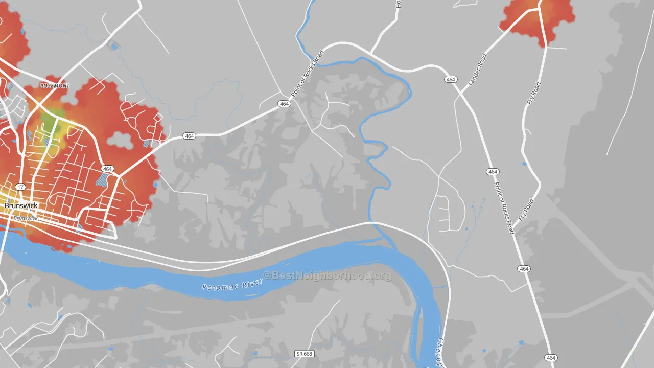 Walk Grade map of Olive, MD, walkable areas in green and car-dependent areas in red