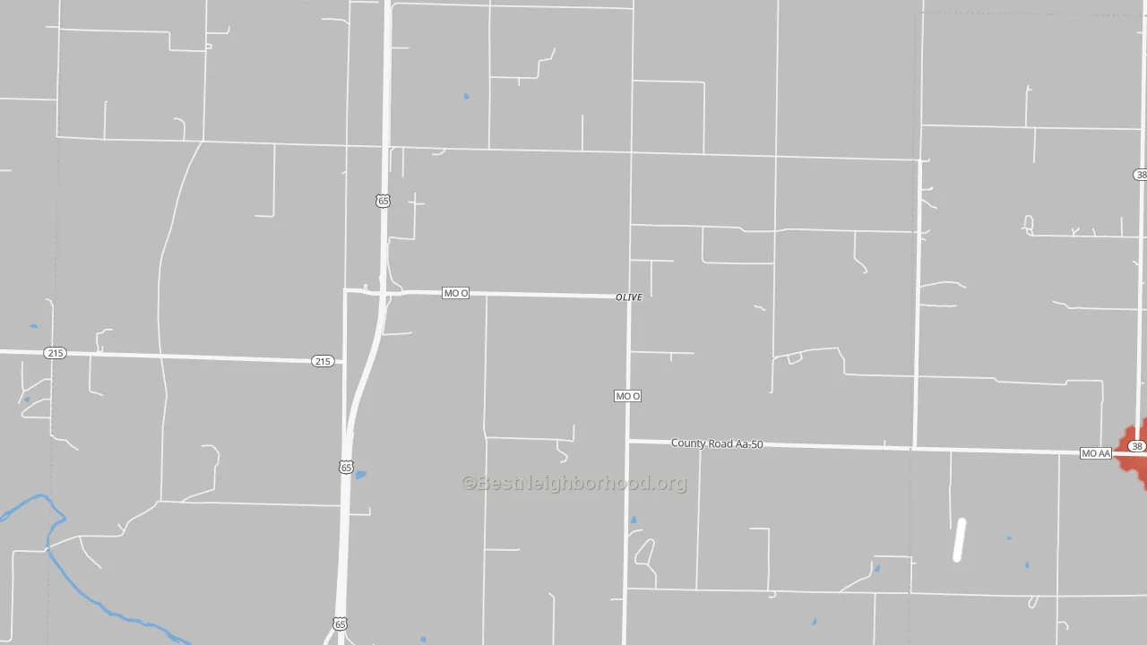Walk Grade map of Olive, MO, walkable areas in green and car-dependent areas in red