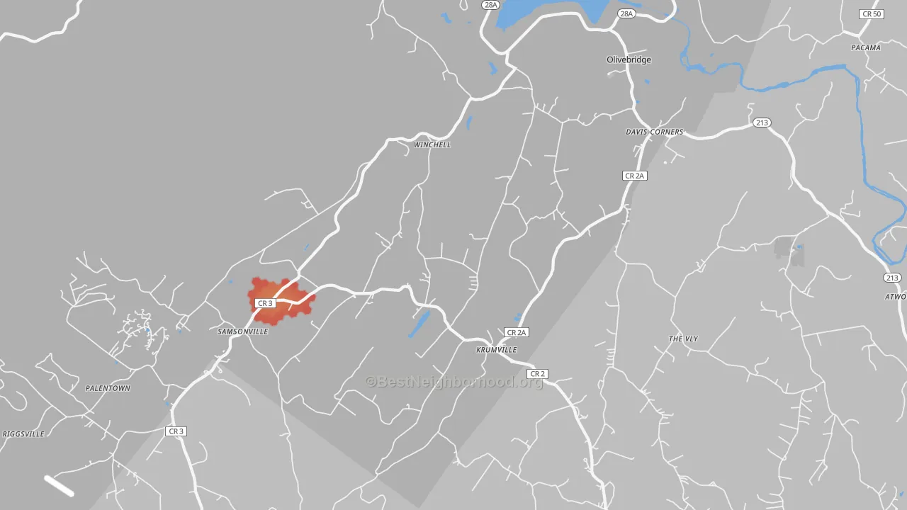 Walk Grade map of Olivebridge, NY, walkable areas in green and car-dependent areas in red