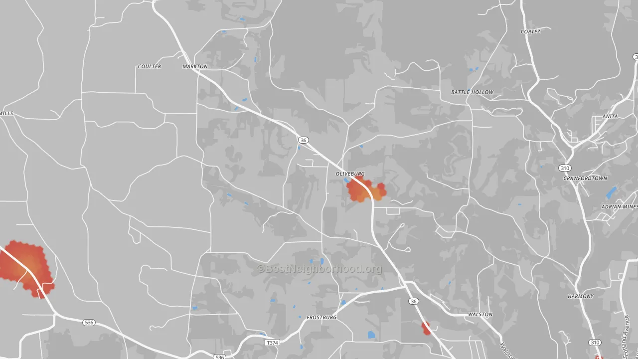 Walk Grade map of Oliveburg, PA, walkable areas in green and car-dependent areas in red