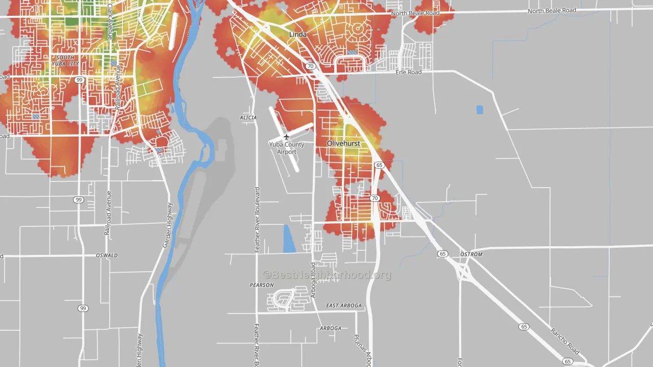 Walk Grade map of Olivehurst, CA, walkable areas in green and car-dependent areas in red