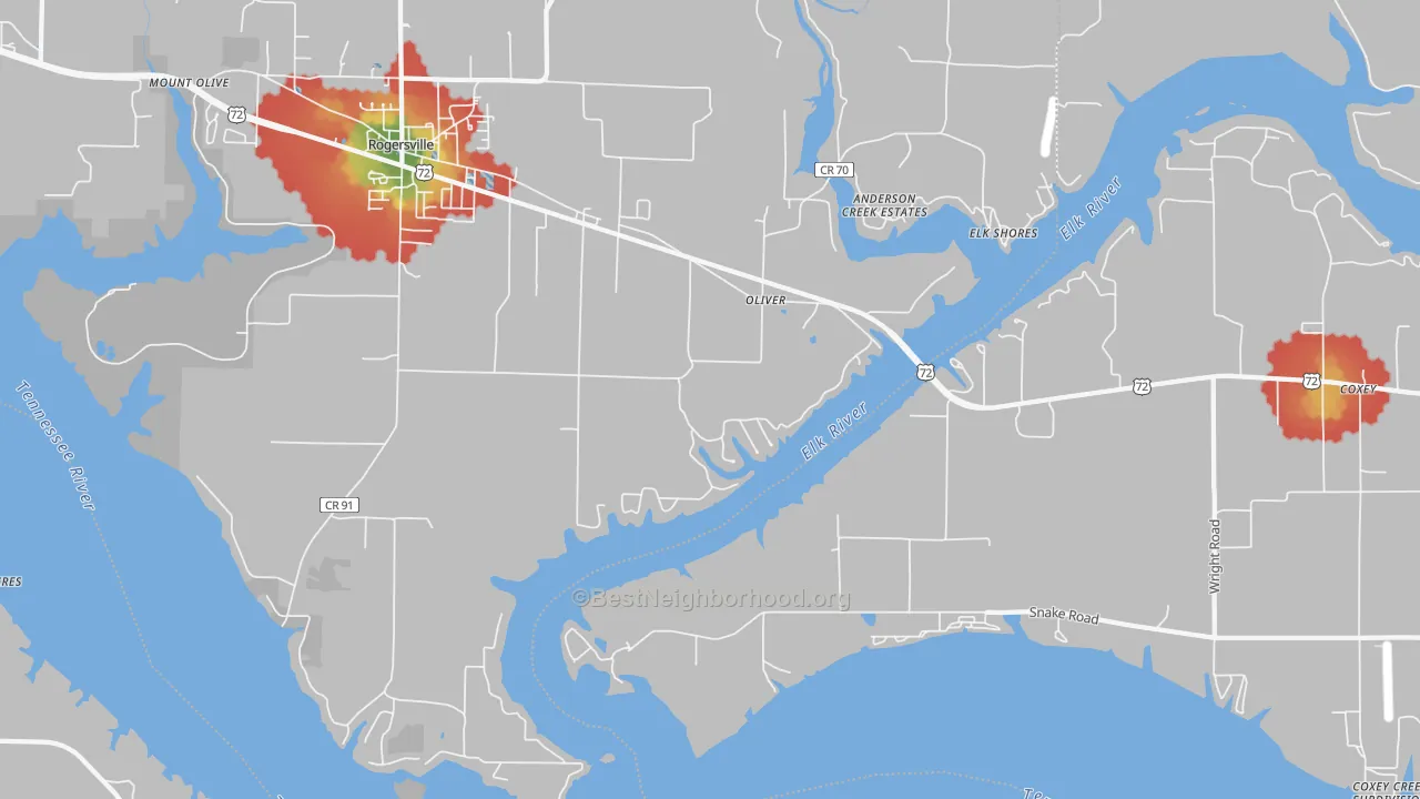Walk Grade map of Oliver, AL, walkable areas in green and car-dependent areas in red