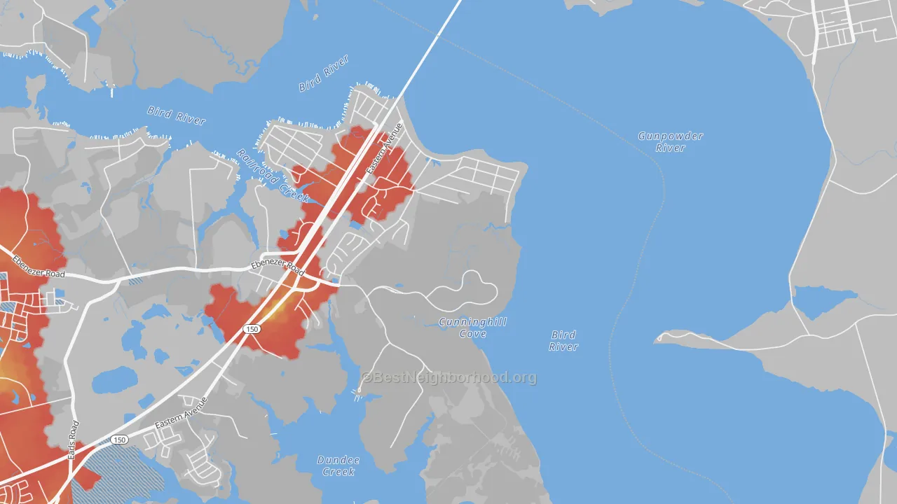 Walk Grade map of Oliver Beach, MD, walkable areas in green and car-dependent areas in red