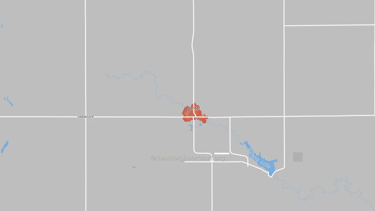 Walk Grade map of Oliver County, ND, walkable areas in green and car-dependent areas in red