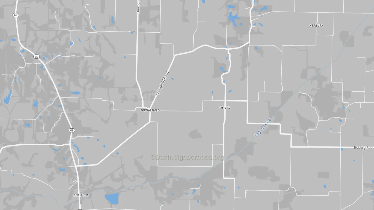 Walk Grade map of Oliver, IN, walkable areas in green and car-dependent areas in red