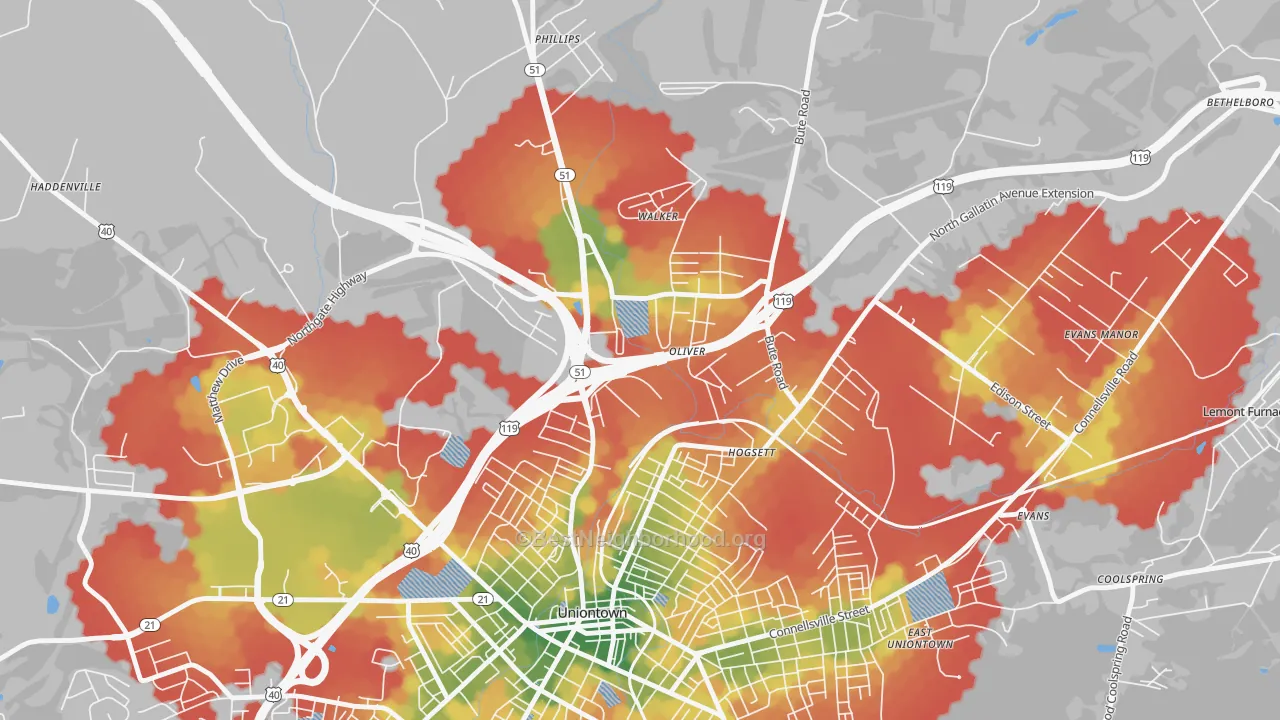 Walk Grade map of Oliver, PA, walkable areas in green and car-dependent areas in red