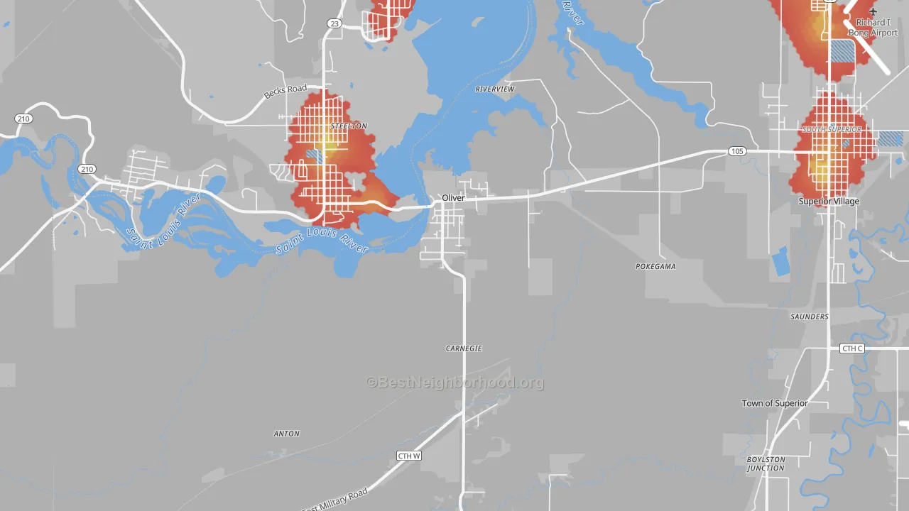 Walk Grade map of Oliver, WI, walkable areas in green and car-dependent areas in red