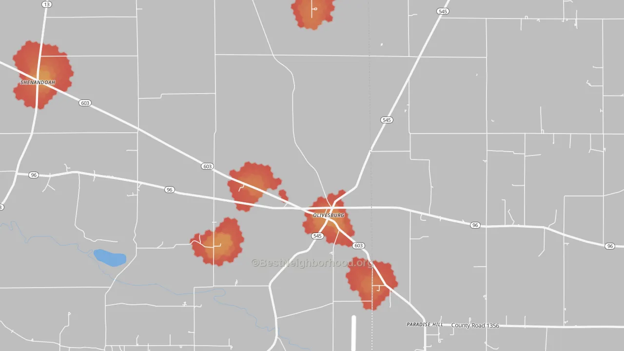 Walk Grade map of Olivesburg, OH, walkable areas in green and car-dependent areas in red