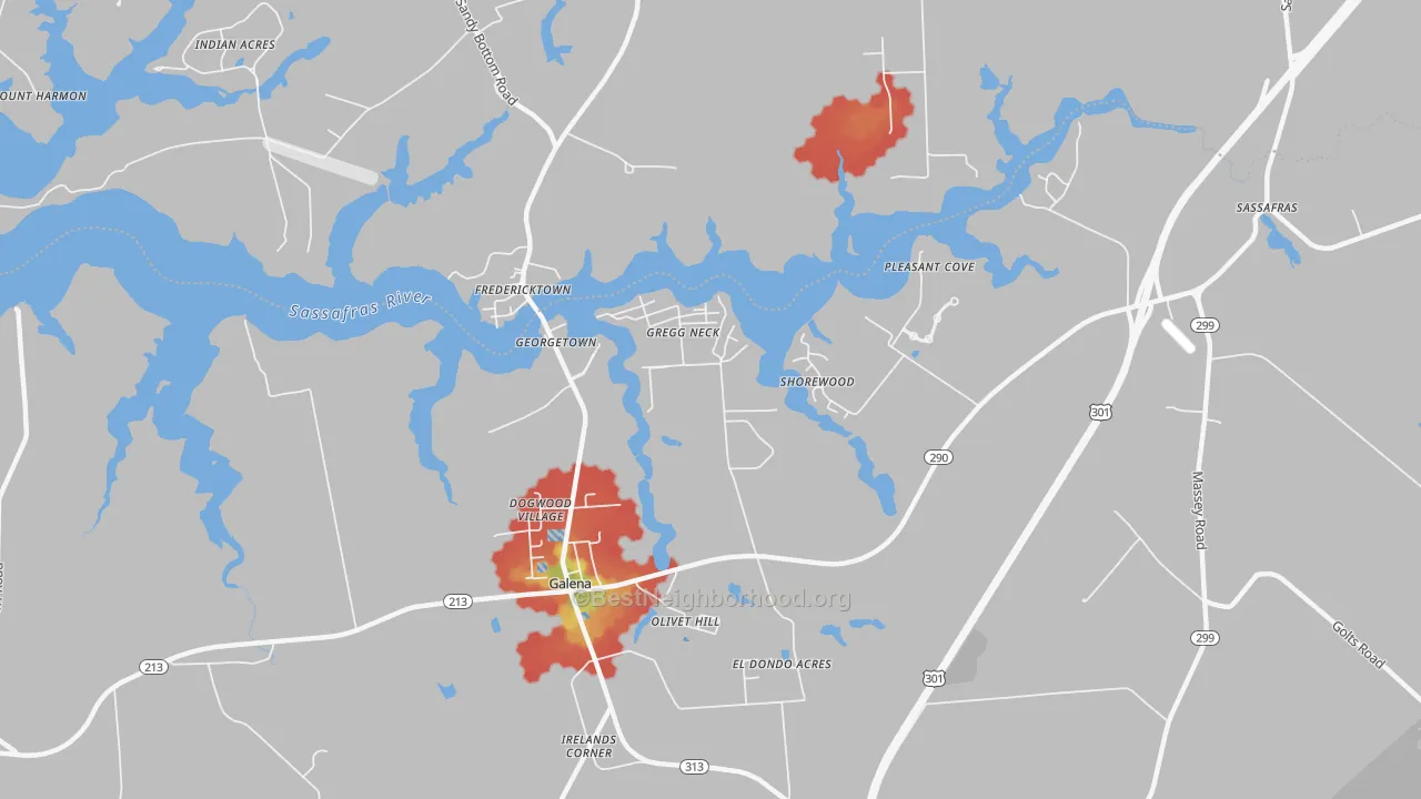 Walk Grade map of Olivet Hill, MD, walkable areas in green and car-dependent areas in red