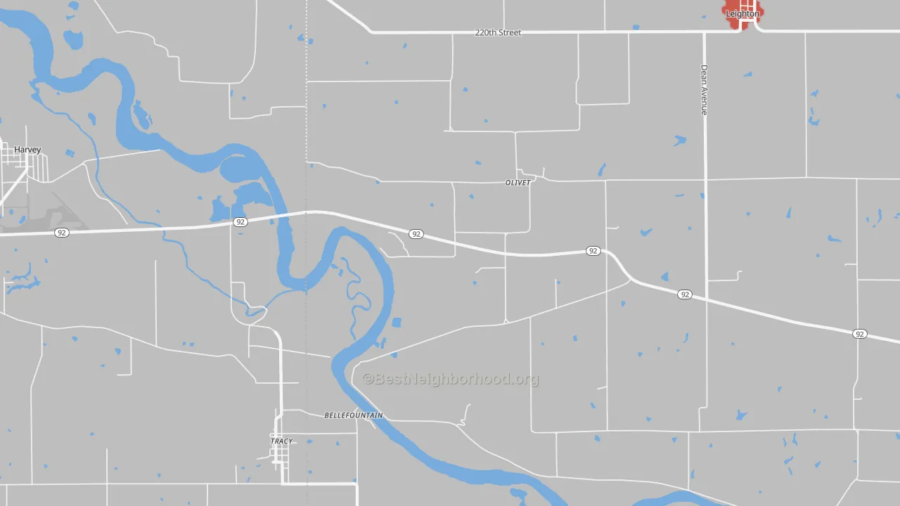 Walk Grade map of Olivet, IA, walkable areas in green and car-dependent areas in red