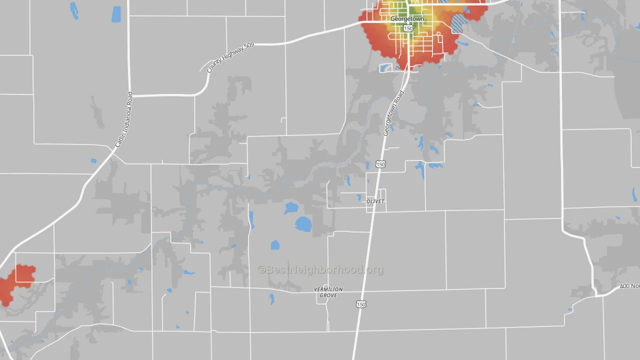 Walk Grade map of Olivet, IL, walkable areas in green and car-dependent areas in red