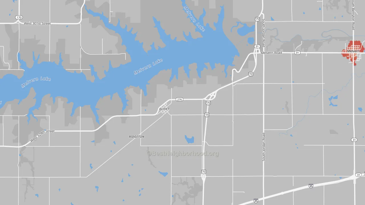 Walk Grade map of Olivet, KS, walkable areas in green and car-dependent areas in red