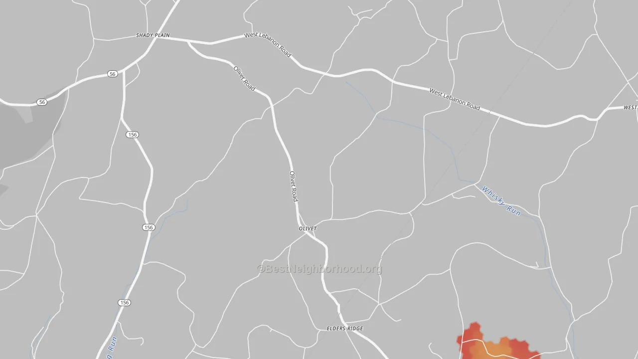 Walk Grade map of Olivet, PA, walkable areas in green and car-dependent areas in red