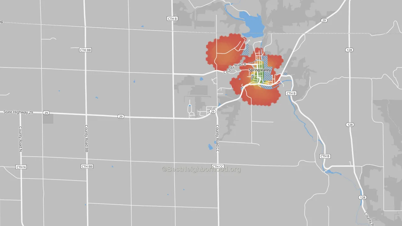 Walk Grade map of Olivet, WI, walkable areas in green and car-dependent areas in red