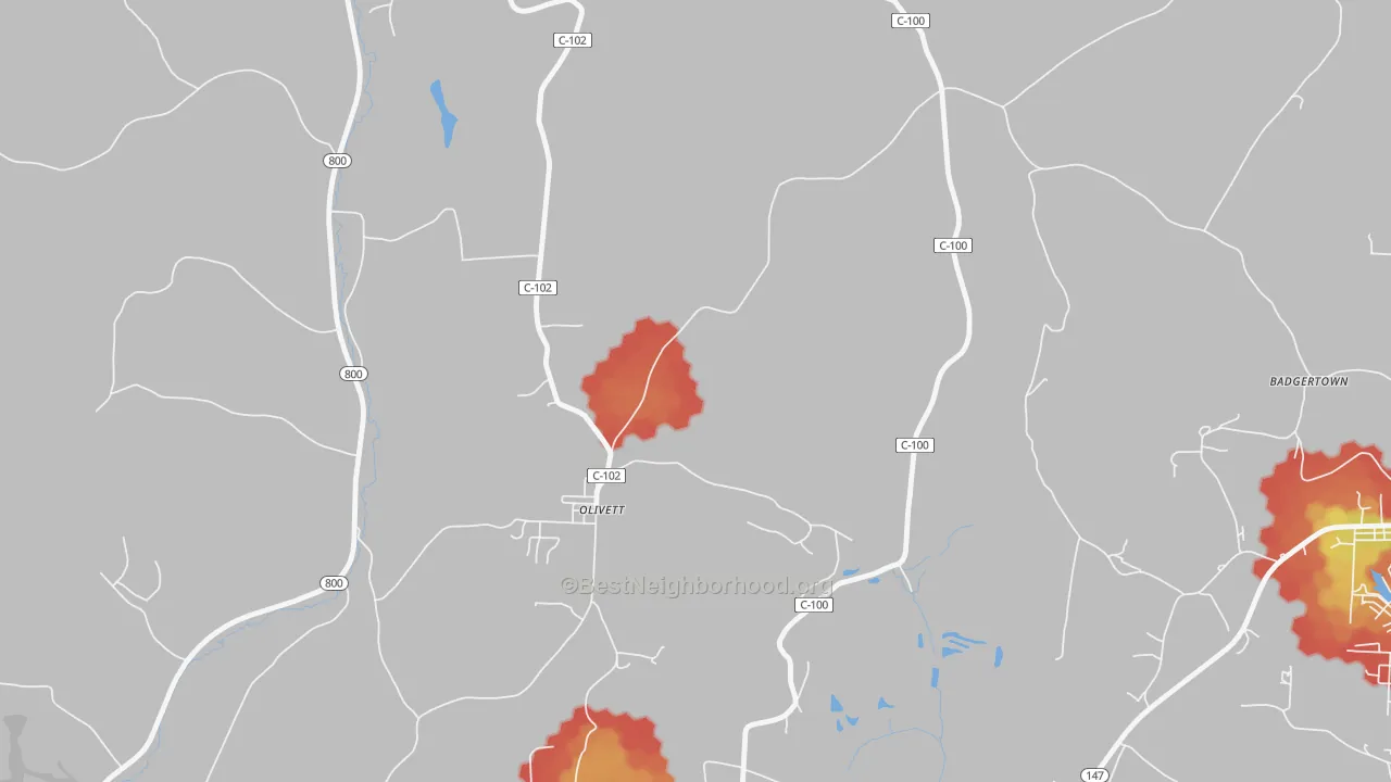 Walk Grade map of Olivett, OH, walkable areas in green and car-dependent areas in red