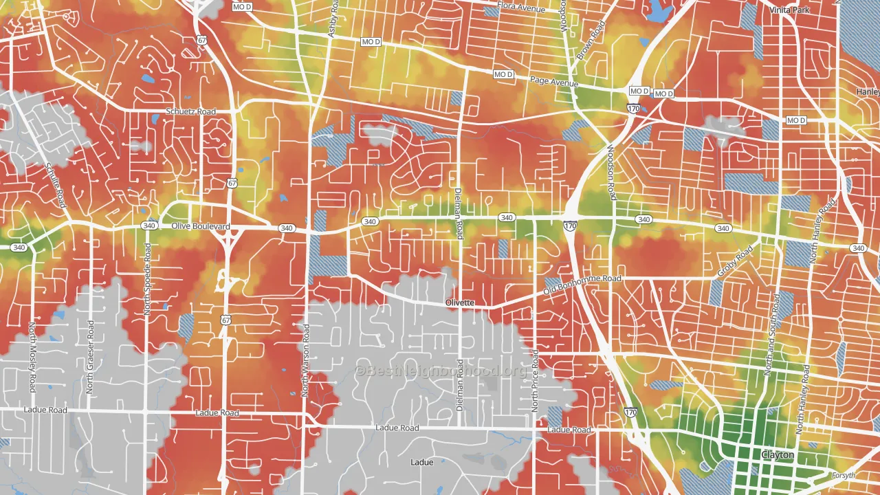 Walk Grade map of Olivette, MO, walkable areas in green and car-dependent areas in red