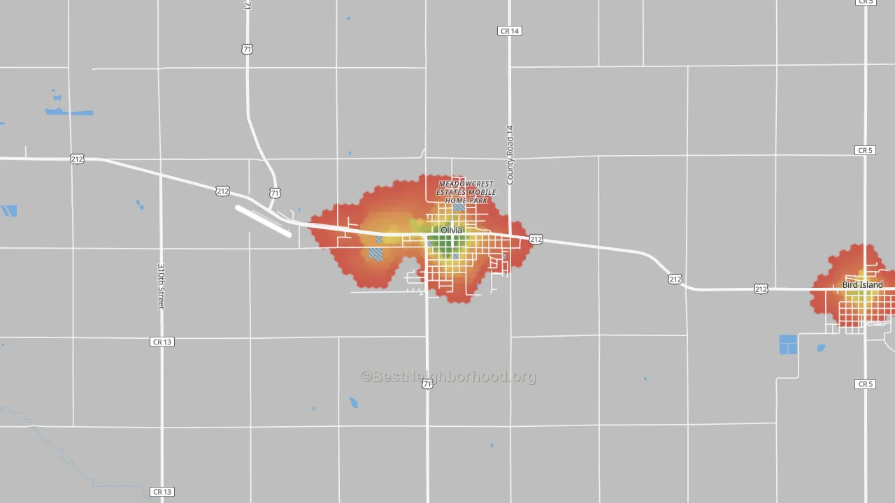 Walk Grade map of Olivia, MN, walkable areas in green and car-dependent areas in red