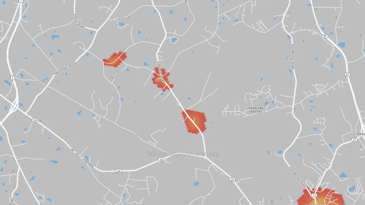 Walk Grade map of Olivia, NC, walkable areas in green and car-dependent areas in red