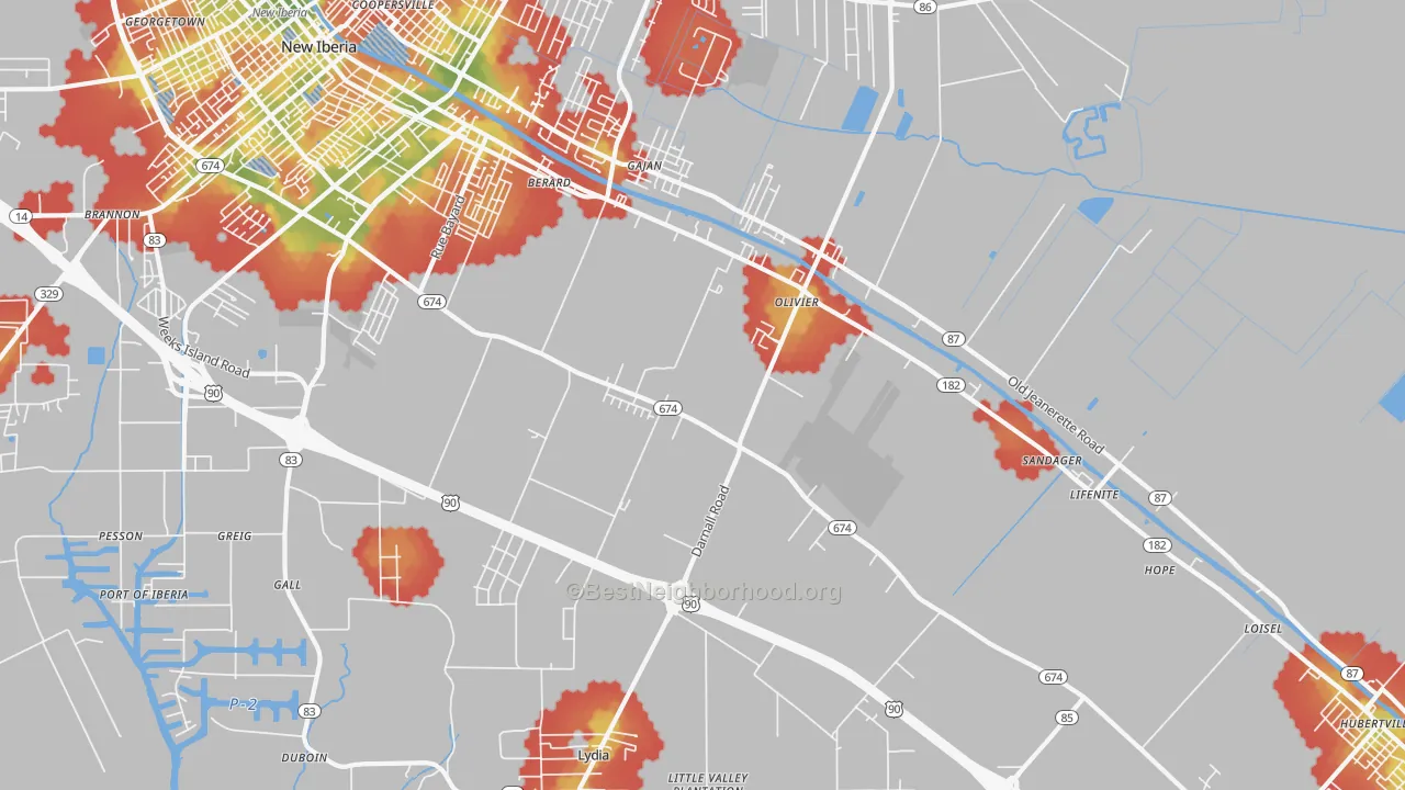 Walk Grade map of Olivier, LA, walkable areas in green and car-dependent areas in red