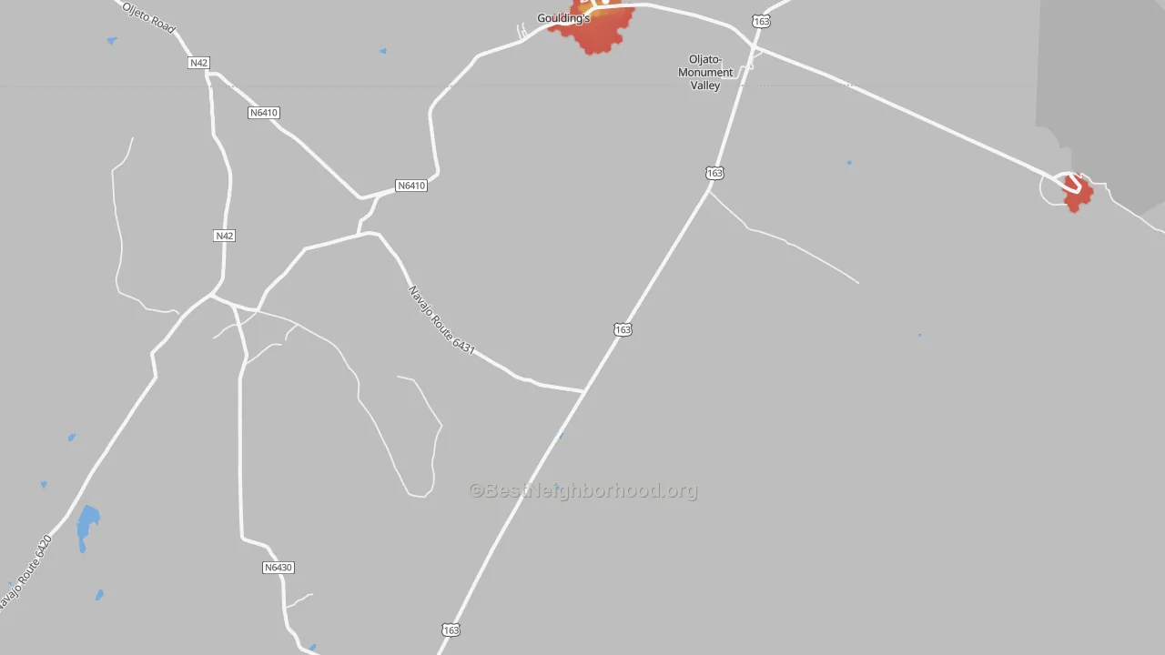 Walk Grade map of Oljato-Monument Valley, AZ, walkable areas in green and car-dependent areas in red