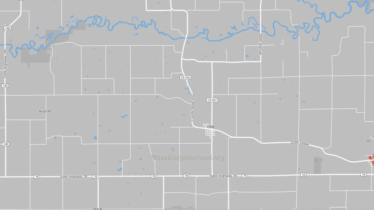 Walk Grade map of Ollie, IA, walkable areas in green and car-dependent areas in red