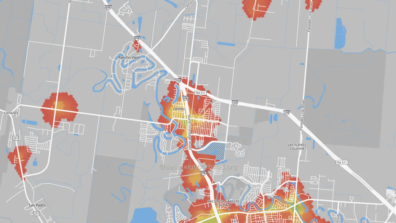 Walk Grade map of Olmito, TX, walkable areas in green and car-dependent areas in red