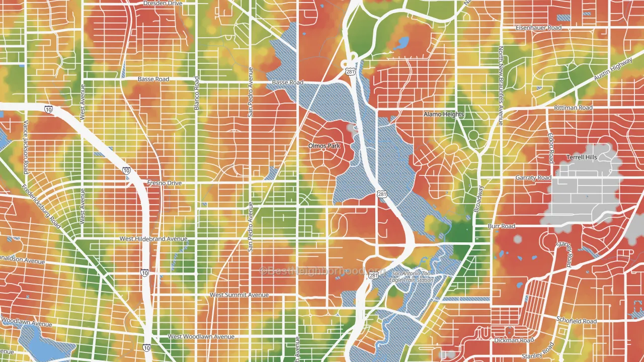 Walk Grade map of Olmos Park, TX, walkable areas in green and car-dependent areas in red