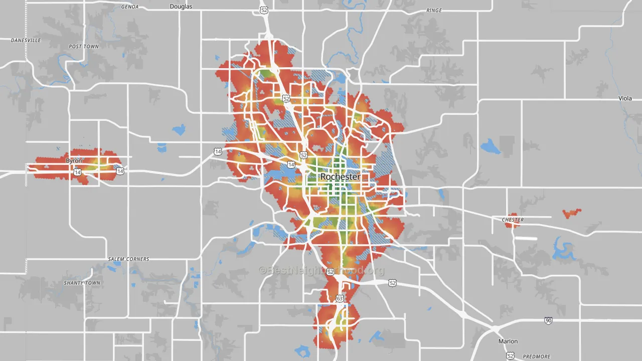 Walk Grade map of Olmsted County, MN, walkable areas in green and car-dependent areas in red