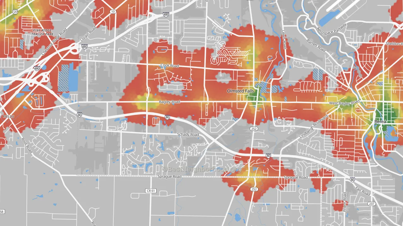 Walk Grade map of Olmsted Falls, OH, walkable areas in green and car-dependent areas in red