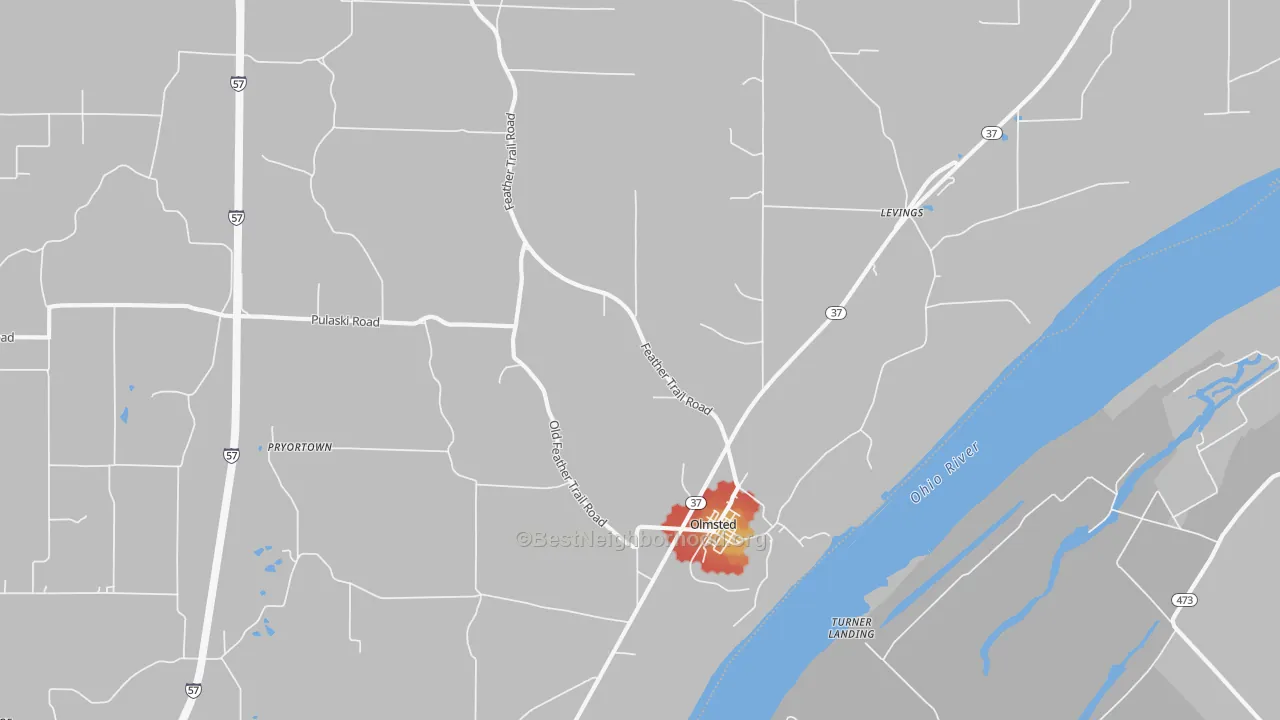 Walk Grade map of Olmsted, IL, walkable areas in green and car-dependent areas in red