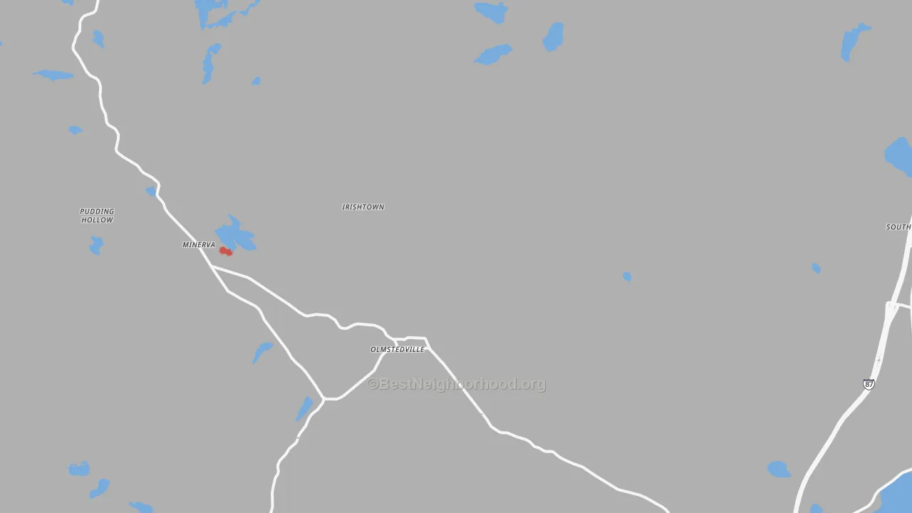 Walk Grade map of Olmstedville, NY, walkable areas in green and car-dependent areas in red