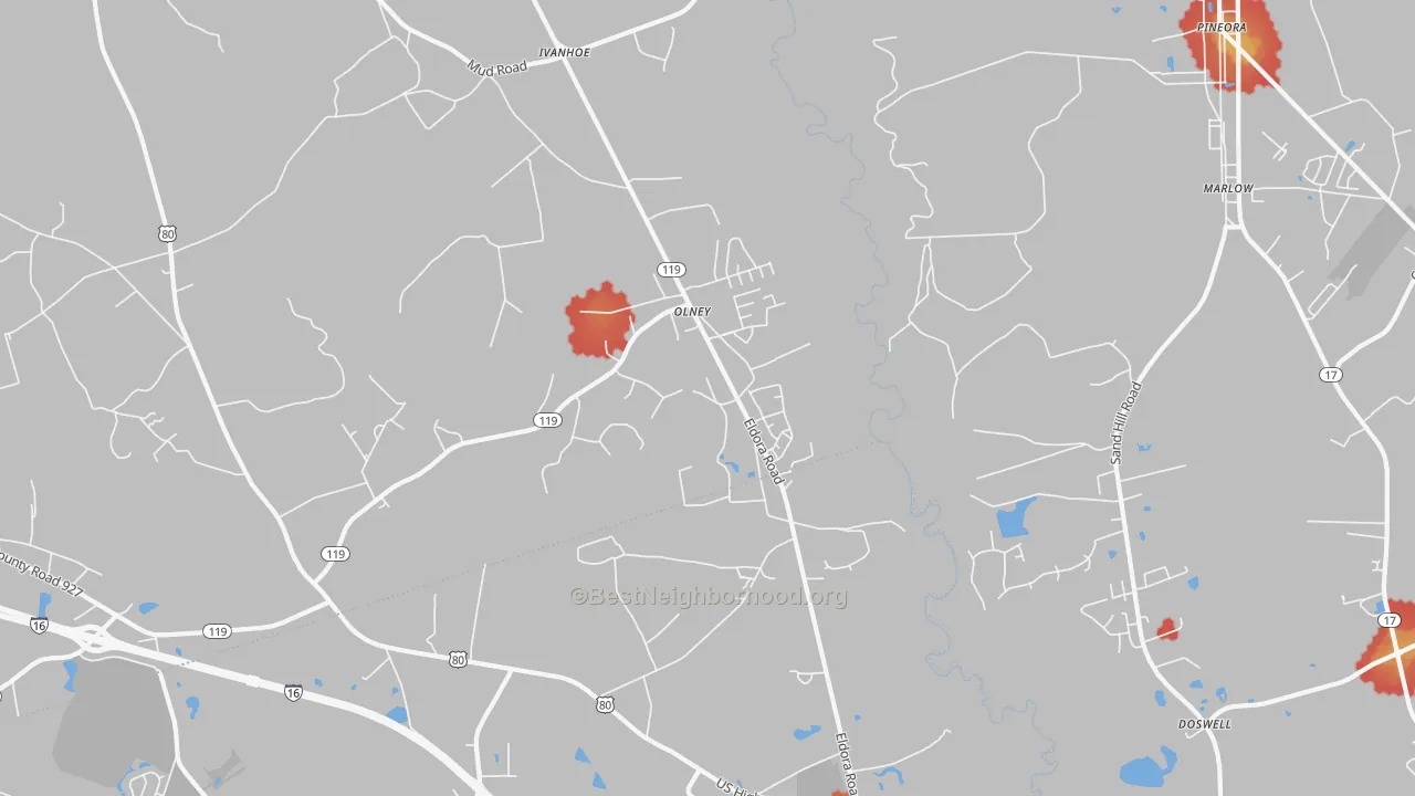 Walk Grade map of Olney, GA, walkable areas in green and car-dependent areas in red