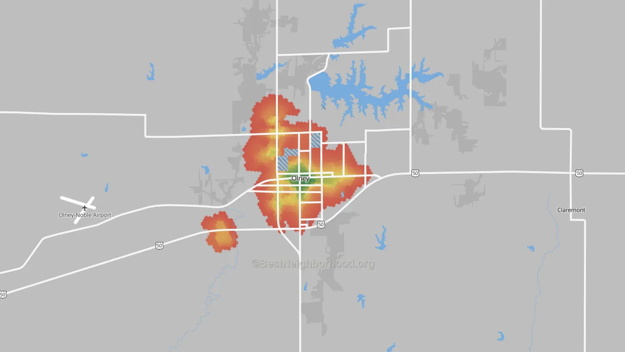 Walk Grade map of Olney, IL, walkable areas in green and car-dependent areas in red