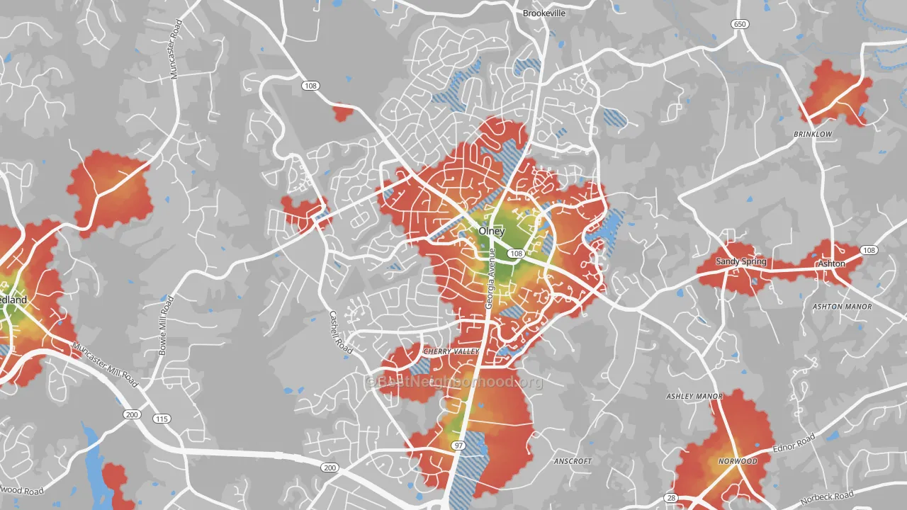 Walk Grade map of Olney, MD, walkable areas in green and car-dependent areas in red