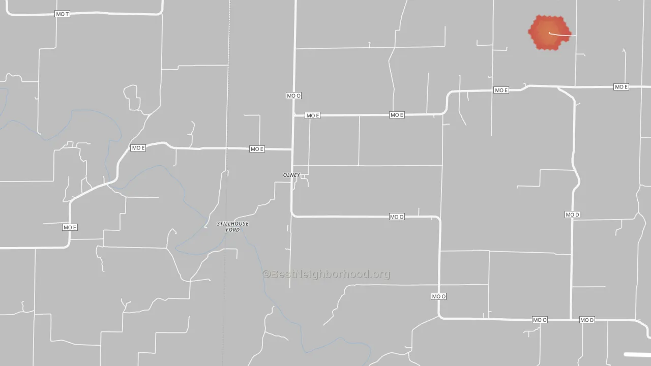 Walk Grade map of Olney, MO, walkable areas in green and car-dependent areas in red