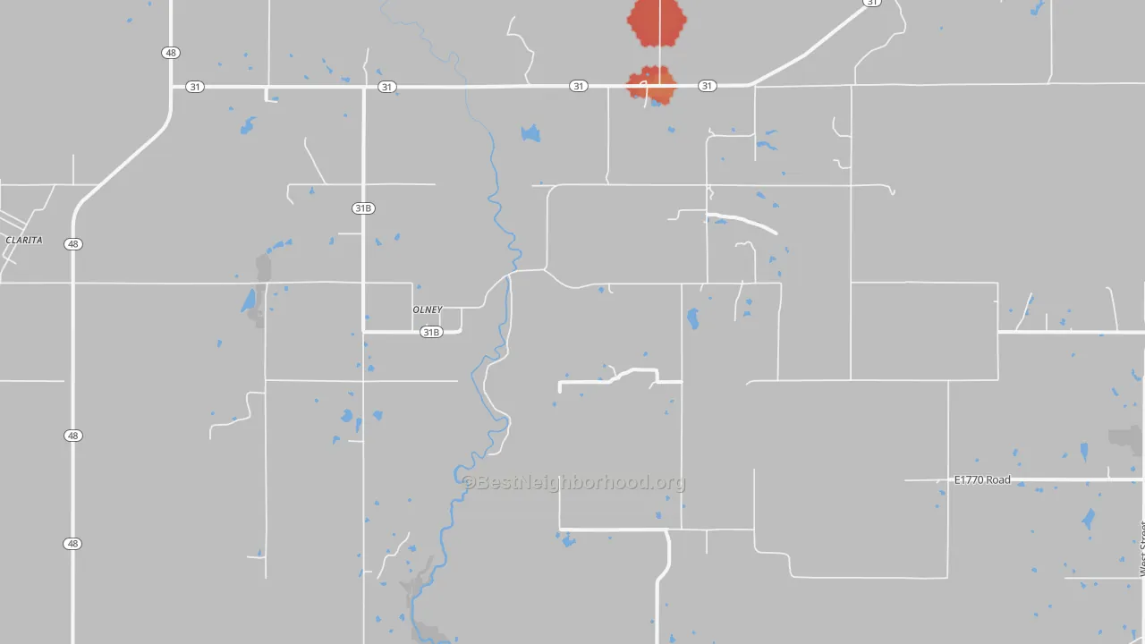 Walk Grade map of Olney, OK, walkable areas in green and car-dependent areas in red