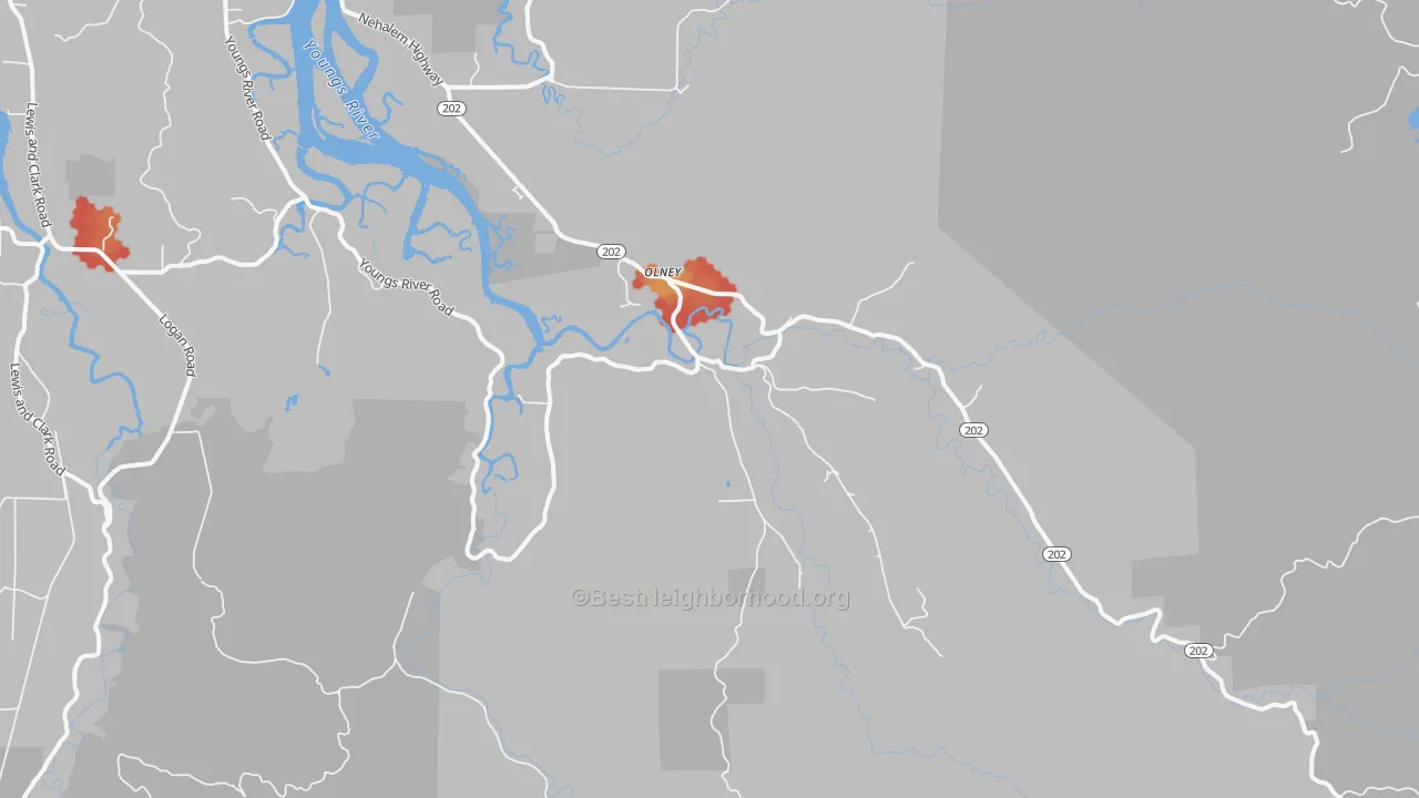 Walk Grade map of Olney, OR, walkable areas in green and car-dependent areas in red