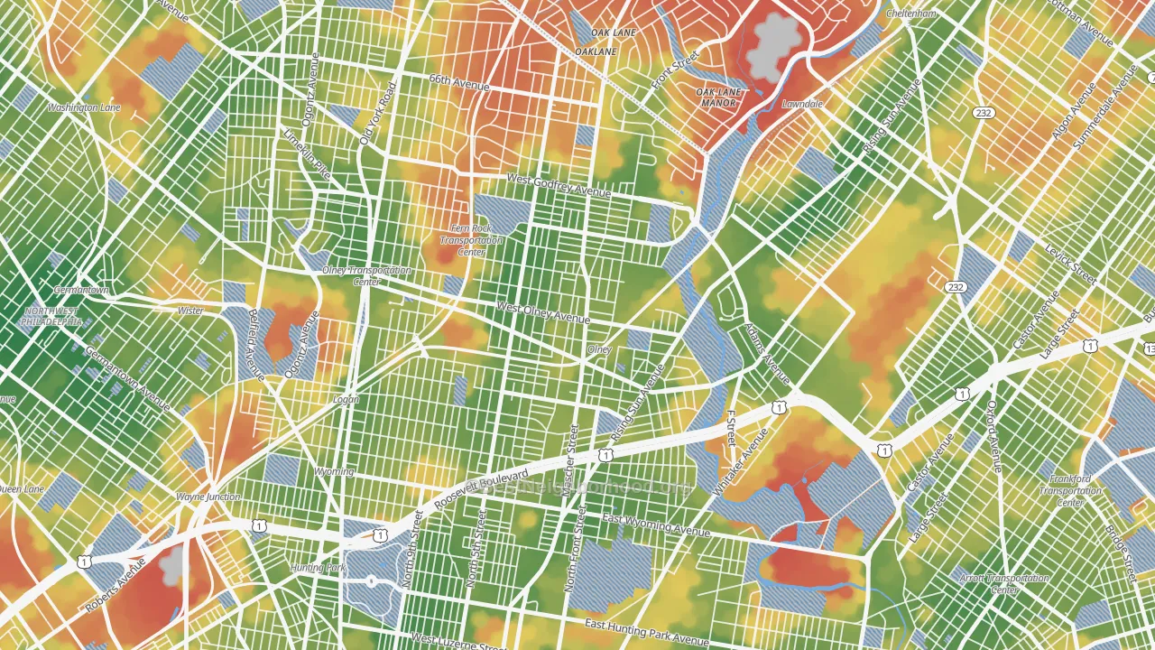 Walk Grade map of Olney, Philadelphia, PA, walkable areas in green and car-dependent areas in red