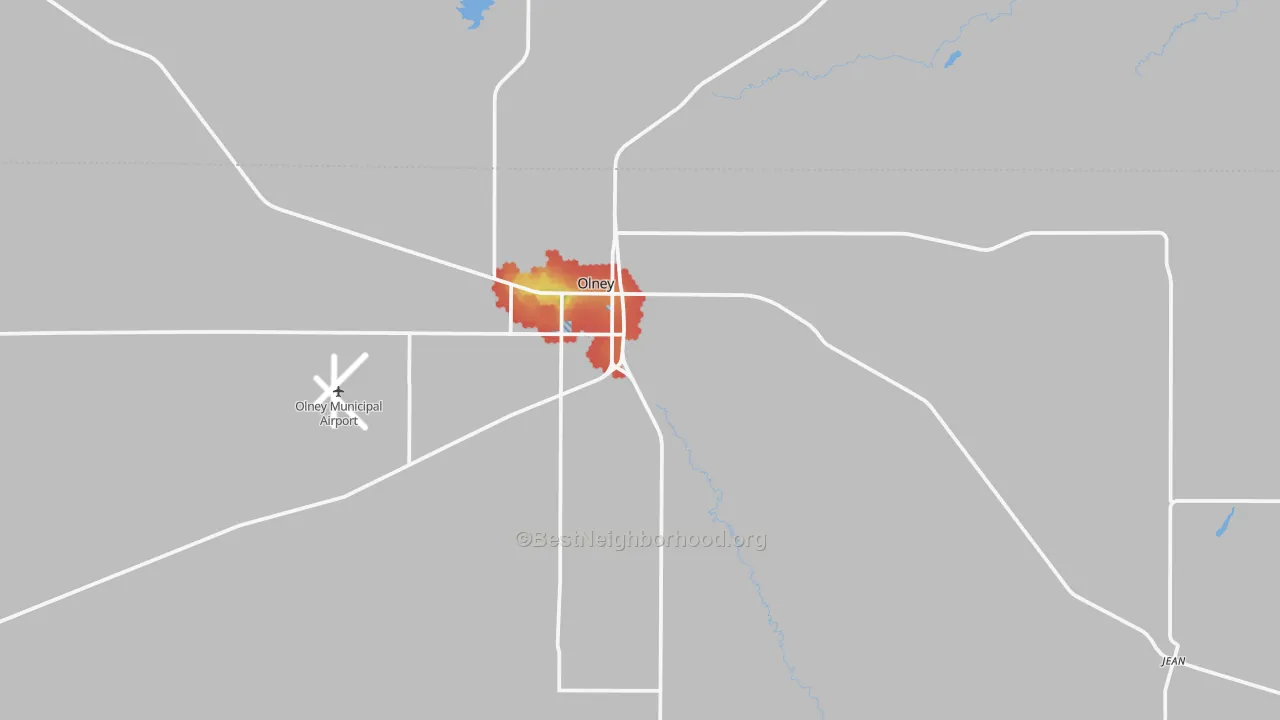 Walk Grade map of Olney, TX, walkable areas in green and car-dependent areas in red