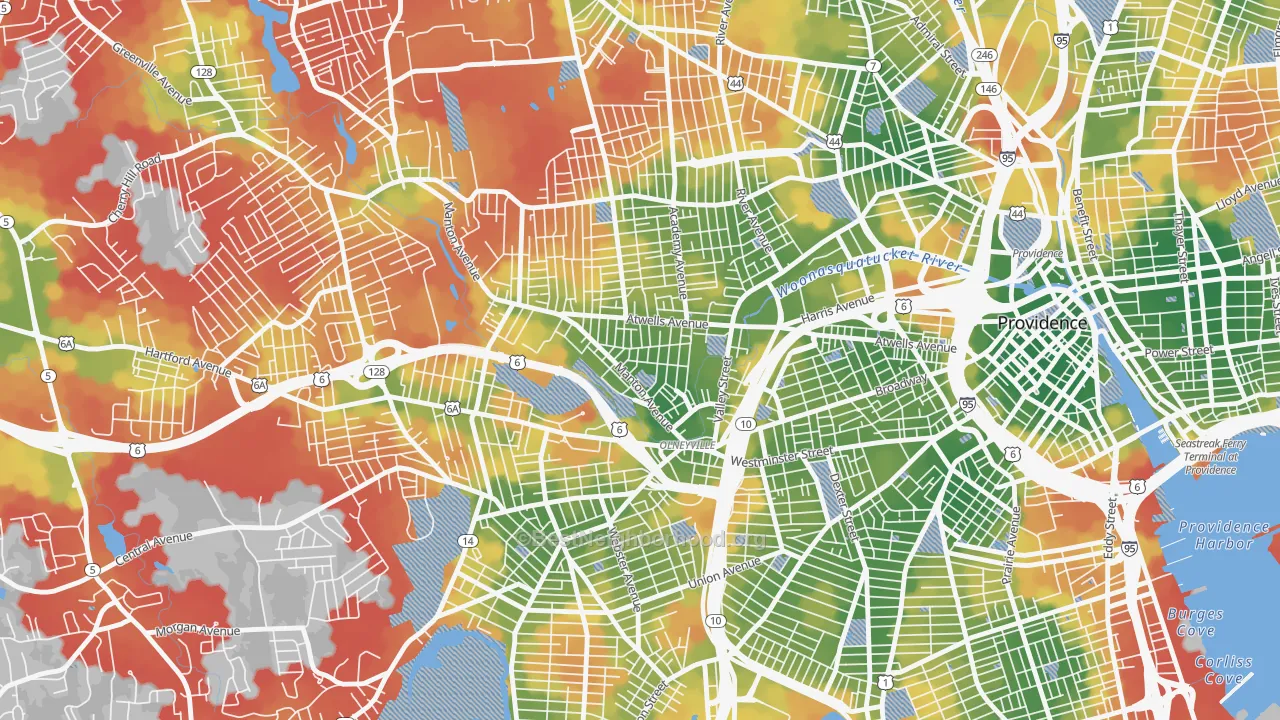 Walk Grade map of Olneyville, Providence, RI, walkable areas in green and car-dependent areas in red
