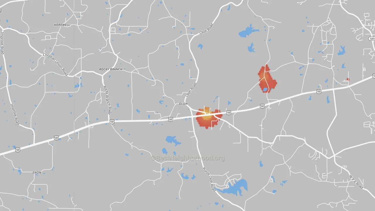 Walk Grade map of Oloh, MS, walkable areas in green and car-dependent areas in red