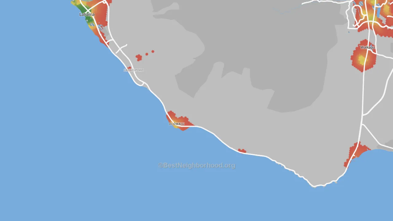 Walk Grade map of Olowalu, HI, walkable areas in green and car-dependent areas in red